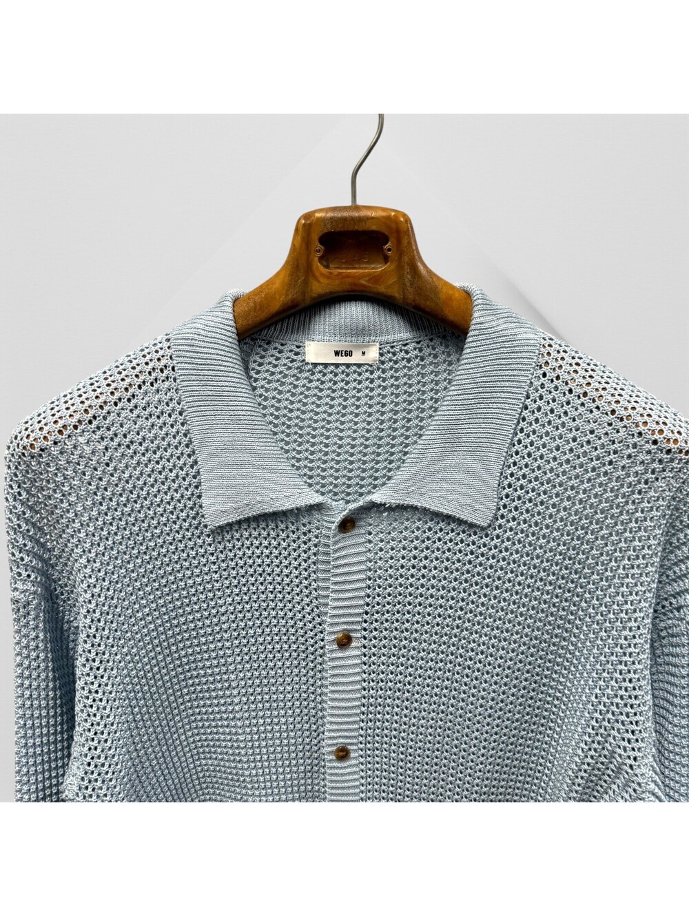 Wego WEGO Japan M Medium Open Knit hawaiian Shirt Cotton Light Blue 22x28
